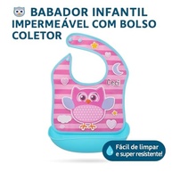Babador Infantil Impermeável Ajustável Bolso Coletor de Coruja Rosa Azul - imagem 3