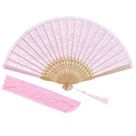 Ventilador Dobrável de Renda Rosa com Bambu - Estilo Chinês para Festas e Decoração - imagem 1