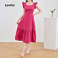 Vestido Elegante Lovito com Laço e Babados Vermelho Rosado - imagem 2