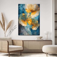 Quadro Decorativo Moderno 90x60cm | Estilo Floral Dourado Azul para Sala e Quarto - imagem 1