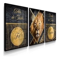 Kit 3 Quadros Sala Leão Luxo Judá Folhas Dourado Fé - Decoração Premium com Qualidade e Estilo - imagem 1