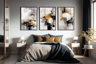 Kit 3 Quadros Circulos Dourados e Preto Cinza - Moderno para Sala e Quarto (60x40cm) - imagem 2