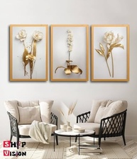 Quadro Decorativo 3 Peças Dourado Floral Branco - Design Premium para Sala e Quarto - imagem 3