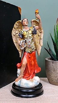 Estátua de São Uriel Arcanjo em Madeira com Base de Latão - 14cm | Decoração Cristã para Altar - imagem 3