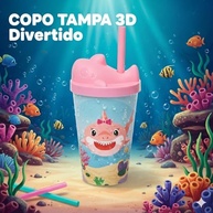 Copo Infantil com Canudo e Tampa 3D Baby Shark Rosa - 350ml Estampado Seguro e Divertido - imagem 5