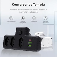 Extensão 3 Tomadas + 2 USB + 1 USB-C: Carregamento Rápido e Seguro - imagem 3