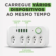 Extensão Elétrica 5 Tomadas + 4 USB + 1 USB-C Bivolt 2500W - Carregamento Rápido e Seguro - imagem 3