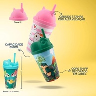Copo Infantil com Canudo e Tampa 3D Baby Shark Rosa - 350ml Estampado Seguro e Divertido - imagem 4