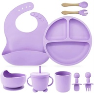 Kit Introdução Alimentar Bebê 8 Peças - Silicone Seguro, Sem BPA, Antialérgico - Prato, Copo, Colher, Garfo e Babador Premium (Roxo) - imagem 1