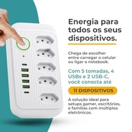 Extensão de Tomada 5 Tomadas + 6 USB (4 USB-A + 2 USB-C) 2m 2500W Bivolt com Proteção Contra Sobretensão - imagem 3