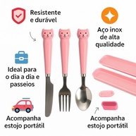 Jogo de Talheres Infantil com Gatinho Rosa - 4 Peças em Aço Inox com Estojo - imagem 4