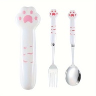 Conjunto de Talheres Portáteis em Aço Inoxidável com Estoque em Caixa – Design Fofo Pata de Gato Rosa - imagem 4