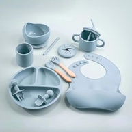 Kit Infantil de Silicone para Alimentação com Prato Ventosa, Copo, Talheres e Babador Azul - imagem 5