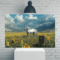 Arte de Parede em Tela Rústica Vintage com Cavalo Branco e Girassol - 30,5x45,7cm - imagem 1