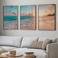 Quadro Triplo de Arte 3 Telas - Paisagem Mar e Praia ao Pôr do Sol | Moldura Tabaco 60x90cm com Vidro - imagem 2