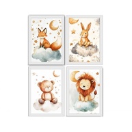 Kit 4 Quadros para Quarto de Bebê - Tema Nuvem e Animais Fofos - Moldura em Madeira Premium - imagem 3