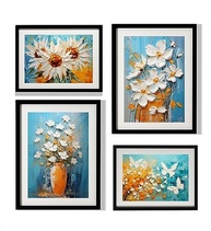 Kit 4 Quadros Decorativos com Moldura de Madeira e Vidro - Tema Floral com Borboletas Azuis e Laranjas - imagem 2