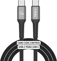 Cabo USB-C 2 metros Tipo C Turbo 60W Ultra Rapido Nylon Trançado e Reforçado Android e Iphone Notebook Tablet Qualidade Premium Carregamento Transferência de Dados - imagem 2