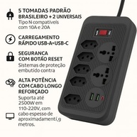 Régua de Energia com 5 Tomadas, 3 USB (1 Tipo-C) e Proteção contra Sobrecarga - Preto - imagem 4
