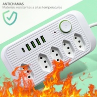 Régua de Energia Inteligente: 5 Tomadas, 4 USB + 1 Tipo-C, Cabo 2m, 2500W - imagem 2