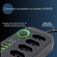 Régua de Energia Premium: 5 Tomadas, 4 USB + 1 Tipo-C, 2500W Bivolt e Proteção - imagem 5