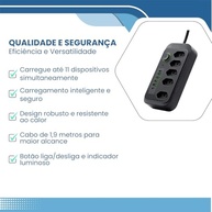 Extensão Régua 5 Tomadas + 4 USB (2 Tipo-C) Carregamento Rápido 2500W Bivolt 1.9m - Preto - imagem 3