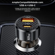 Carregador Veicular Toocki 60W USB-C + USB-A: Carregamento Turbo PD 30W e QC 3.0 - imagem 4