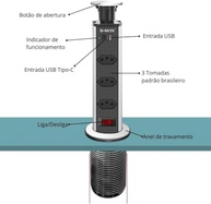 Torre de Tomadas Embutir Mesa: 3 Tomadas + USB + USB-C (Preta) - imagem 5