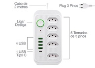 Régua de Energia Bivolt com 5 Tomadas, 4 USB e 1 USB-C: Segurança e Conexão Total! - imagem 2