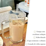Copo com Canudo e Tampa de Vidro Canelado 250ml - Vedação Total com Alça e Silicone - imagem 5