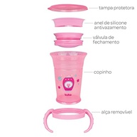 Copo de Treinamento 210ml Gira 360° com Alça Removível - Foguete Gatos Infantil Baby Rosa - imagem 5