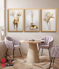 Quadros Decorativos Flor Tulipa Branca Dourada - Trio 3 Peças 50x30cm | Design Premium para Quarto e Sala - imagem 2