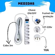 Régua de Tomadas Tripolar 6 Saídas 10A Bivolt com Fusível de Proteção - Branco - imagem 4