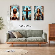 Tríptico Religioso em Mosaico Colorido - Jesus, Cruz e Maria 30,5x45,7cm | Arte de Parede Católica com Inspiração Espiritual - imagem 3