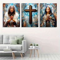 Tríptico Religioso em Mosaico Colorido - Jesus, Cruz e Maria 30,5x45,7cm | Arte de Parede Católica com Inspiração Espiritual - imagem 5