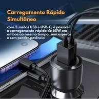 Carregador Veicular Turbo 60W Pro: Kit Completo com Cabo USB-C e Duas Portas USB 3.0 | Carregamento Rápido 9.1A Fast Charge para Carro e Automotivo Compatível com iOS - Premium Cinza - imagem 5