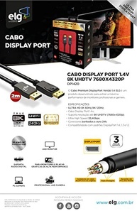 Cabo DisplayPort Premium Para Alta Performance, Suporta 8K, UHDTV, Versão 1.4V, 240Hz, Ultra High Speed 32,4Gbps, 2 Metros, Preto, DP1420, ELG - imagem 4