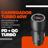 Carregador Veicular Turbo 60W Duas Portas USB-C e USB 3.0 | Carregamento Ultra Rápido Automotivo - imagem 3