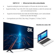 Cabo HDMI 2.1 8K 2m Ultra Rápido 48Gbps | HDR10 eARC VRR | Compatível com TV 4K, PS5, Xbox, Monitor Gamer, Projetor, PC | Conector Banhado a Ouro e Cabo Reforçado - imagem 4