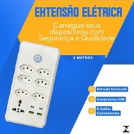Régua de Energia Profissional 6 Tomadas Universais + 4 USB (2 USB-C) - Cabo 2m com LED - imagem 3