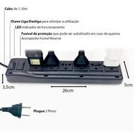 Régua Extensora Universal 6 Tomadas com Chave Liga/Desliga e LED - Proteção e Praticidade - imagem 5