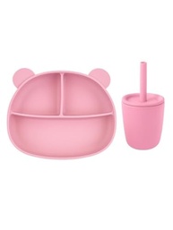 Kit Prato Ursinho Rosa com 3 Divisórias e Copo com Canudo de Silicone para Bebês - imagem 2