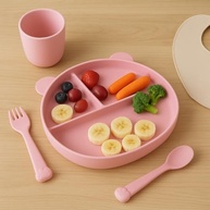 Prato Infantil de Silicone com Divisórias e Base Ventosa - Formato Urso Rosa/Azul - imagem 2