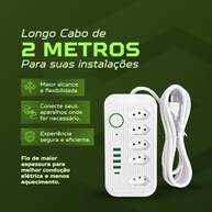 Régua de Energia Inteligente: 5 Tomadas, 4 USB + 1 USB-C, 2m, 2500W Bivolt - imagem 3