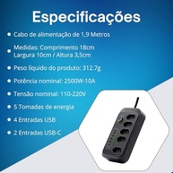 Extensão Régua 5 Tomadas + 4 USB (2 Tipo-C) Carregamento Rápido 2500W Bivolt 1.9m - Preto - imagem 4