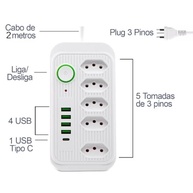 Filtro de Linha Bivolt 5 Tomadas + 4 USB: Extensão Elétrica Segura 1.9m, Carregamento Rápido e Proteção Total - Branco - imagem 5