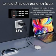 Carregador Turbo 65W 3 Portas (2 USB-C 65W/30W + 1 USB-A 25W) + Cabo 1m: Carregamento Rápido Universal - imagem 3