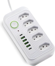 Extensão Régua Elétrica Inteligente: 5 Tomadas, 6 USBs (2 USB-C), 2m, 2500W, Proteção Sobretensão - Premium Branco/Preto - imagem 1
