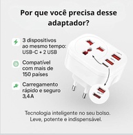 Adaptador Universal Tomada Viagem 3 USB + 1 Tipo-C | Carregamento Rápido 3.4A | 150 Países | Compacto Essencial - imagem 5