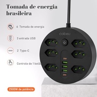 Régua de Energia Premium: 6 Tomadas + 5 Portas USB (3 USB-A, 2 USB-C) - Carregamento Rápido e Seguro - imagem 3